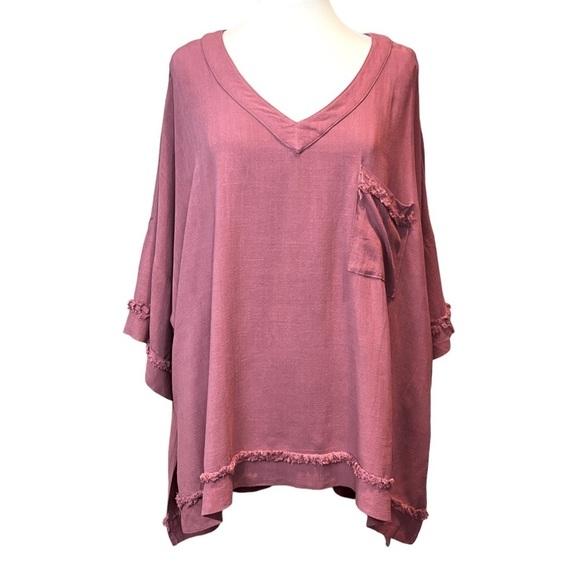 WHITE Birch Ladies Plus Size Fringe Trim Cotton /Linen Hi-Lo Hem V-Neck Top 3X - Picture 1 of 6